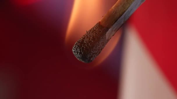 Moment Ignition Burning Match Macro Shot Match Head Red Sulfur — Stock Video