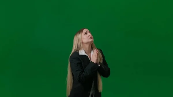 Fantasie Problemlösungskonzept Porträt Der Frau Isoliert Auf Grünem Hintergrund Glühbirnen — Stockfoto