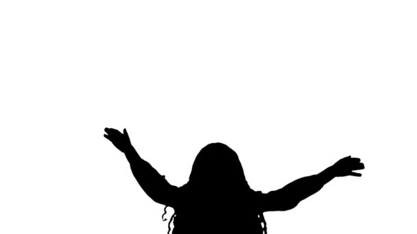 Black Silhouette Little Girl Dress Jumping Holding Her Hands White — Stock Video