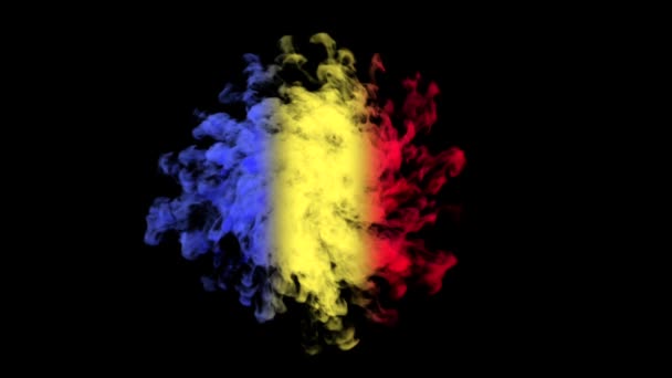国旗爆炸和动画创意广告理念 烟色呈蓝色 形成罗马尼亚国旗 在黑色背景上分离 在黑色 通道上的白烟 — 图库视频影像