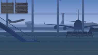Çerçeve genel arka planda boş bir havaalanını gösteriyor. Pencerelerin önünde bekleyen insanların olmadığı bir bekleme odası. Uçak pistten kalkıyor ve ulaşılıyor.