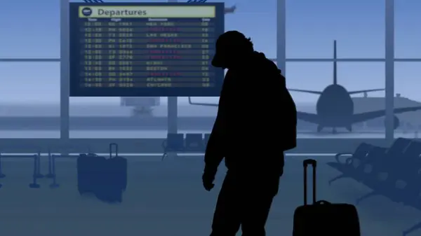 Moldura Mostra Aeroporto Com Uma Sala Espera Homem Moldura Está — Fotografia de Stock