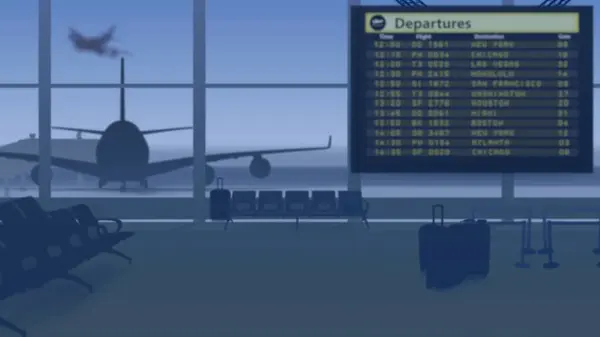 The frame shows an empty airport in the general background, a waiting room without people outside the windows of which planes that take off on the runway and transportation