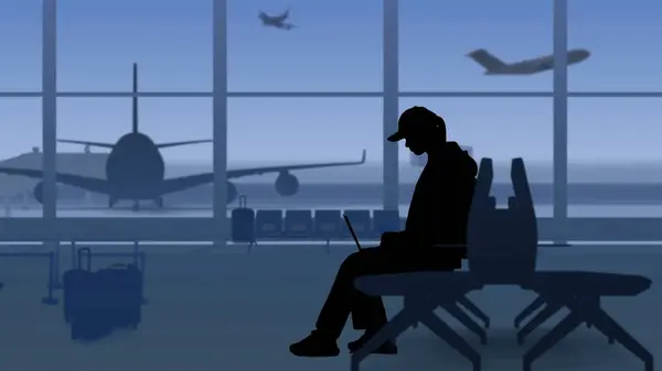 Frame Shows Airport Waiting Room Woman Sits Silhouette Her Hands — Stock Photo, Image