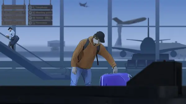 フレームは待合室のある空港を示しています 男はX線スキャナによってチェックされている間 荷物を待っています 彼はスーツケースを持って出て行った 飛行機とのバックグラウンド滑走路で — ストック写真