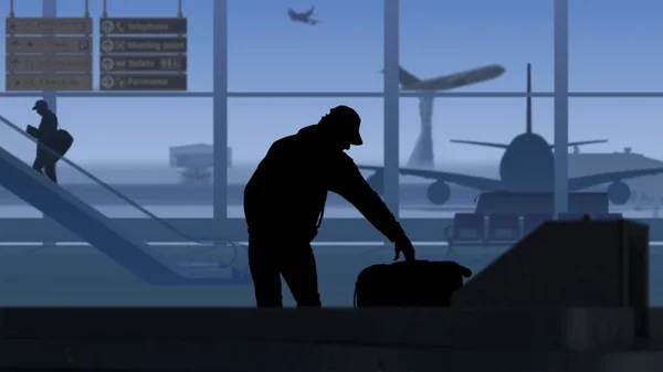 The frame shows an airport with a waiting room. A man is waiting for his luggage while it is checked by X ray scanners. Then he takes his suitcase and leaves. On its background runway with airplanes.