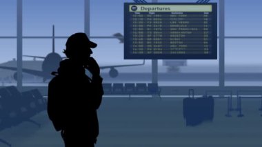 Çerçevede bekleme odası olan bir havaalanı var. Sonra siluetli bir adam ortaya çıktı. Telefonda biriyle konuşuyordu. Yalnız geldi. Arka planında uçakların havalandığı bir pist var..
