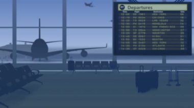 Çerçevede genel planda boş bir havaalanı, penceresinin önünde bekleyen insanların olmadığı bir bekleme odası var. Uçak pistten ve ulaşımdan kalkıyor. Grafiklerle canlandırma.