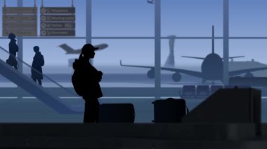 Çerçevede bekleme odası olan bir havaalanı var. Röntgen tarayıcılarıyla kontrol edilirken bir kadın onun bagajını bekliyor. Sonra bavulunu alıp gitti. Arka planında uçaklar var.