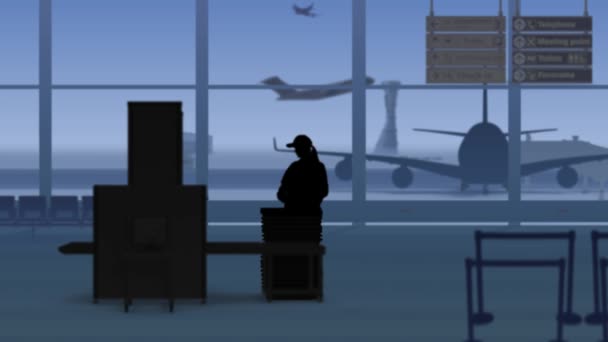 Υπάρχει Ένα Αεροδρόμιο Αίθουσα Αναμονής Γυναίκα Στη Σιλουέτα Βάζει Υπάρχοντά — Αρχείο Βίντεο