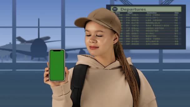 Крупним Планом Знімок Аеропорту Кімнатою Очікування Жінка Передньому Плані Дивиться — стокове відео
