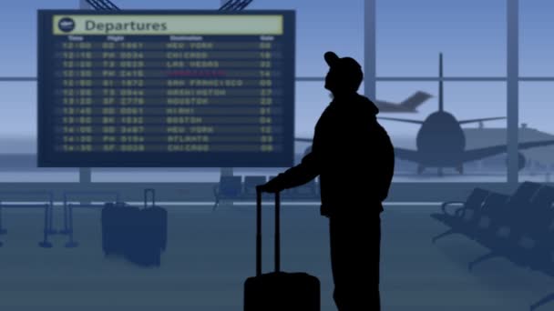 Ramie Widać Lotnisko Poczekalnią Kobieta Kadrze Idzie Tablicę Wyników Spóźniła — Wideo stockowe