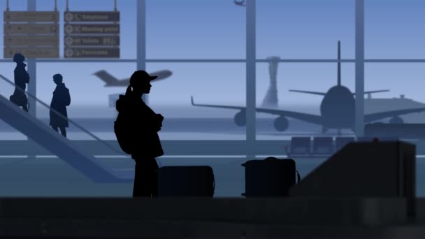 Ramen Visar Flygplats Med Ett Väntrum Kvinna Väntar Hans Bagage — Stockvideo