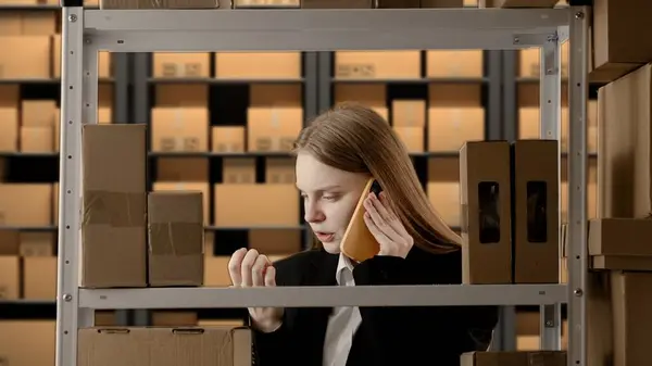 Business warehouse and logistics creative advertisement concept. Portrait of female working in storage. Girl storekeeper manager in formal outfit near rack with boxes, talking on smartphone.