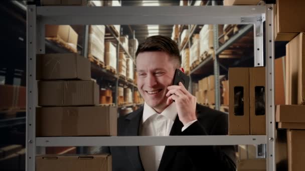 Business Warehouse Logistics Creative Advertisement Concept Portrait Storekeeper Working Storage — Stock Video