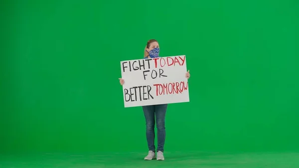Female Activist Holds Placard Reads Fight Today Better Tomorrow Woman — Stock Photo, Image