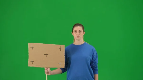 Sad Female Activist Holds Blank Sign Green Screen Close Chroma — Stock Photo, Image