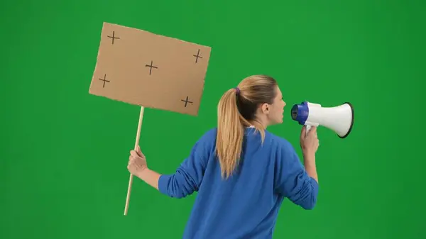 Woman Facing Away Camera Speaking Megaphone Holds Blank Placard Her — Stock Photo, Image