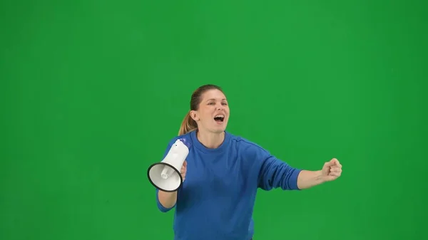 Female Activist Raised Fist Shouting Megaphone Studio Green Screen Front — Stock Photo, Image