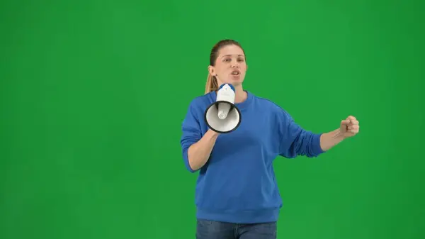 Female Activist Raised Fist Shouting Megaphone Studio Green Screen Front — Stock Photo, Image