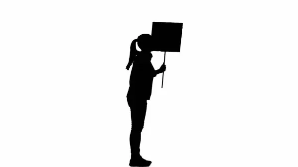 Silhouette Einer Frau Mit Einem Plakat Auf Weißem Hintergrund Protestantin — Stockfoto