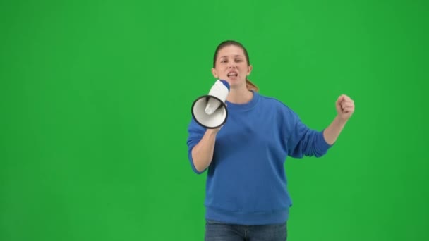 Female Activist Raised Fist Shouting Menacingly Megaphone Studio Green Screen — Stock Video
