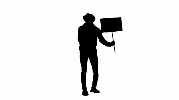 Silhueta Ativista Masculino Isolado Canal Alfa Branco Homem Com Cartaz — Vídeo de Stock