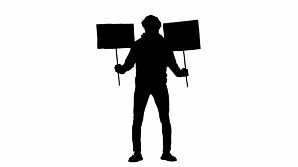 Silhouette Uomo Con Due Manifesti Isolati Sfondo Bianco Azione Protesta — Video Stock