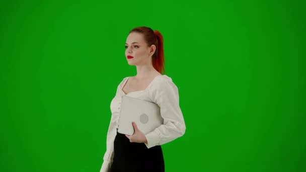 Mujer Negocios Moderna Retrato Atractiva Chica Oficina Croma Pantalla Verde — Vídeo de stock