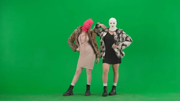 Two Women White Pink Balaclavas Posing Front Camera Models Freak — Stock Photo, Image