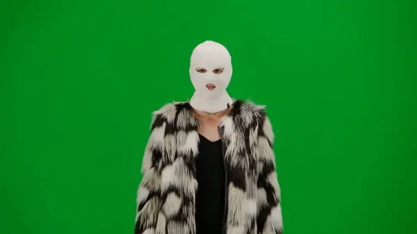 Woman White Balaclava Fur Coat Evening Dress Woman Freak Green — Stock Photo, Image