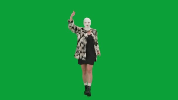 Woman White Balaclava Fur Coat Evening Dress Walking Dancing Merrily — Stock Video