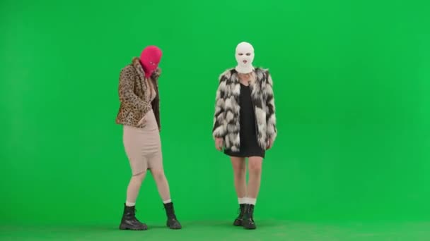 Two Women White Pink Balaclavas Dancing Merrily Freak Women Fur — Stock Video