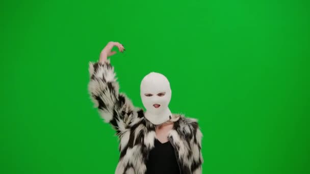 Woman White Balaclava Fur Coat Evening Dress Walking Dancing Merrily — Stock Video