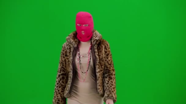 Woman Pink Balaclava Tiger Fur Coat Evening Dress Walking Woman — Stock Video