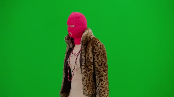 Woman Pink Balaclava Tiger Fur Coat Evening Dress Walking Woman — Stock Video