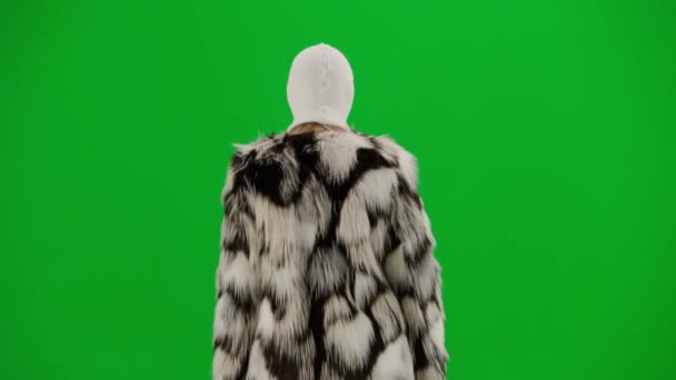 Woman White Balaclava Fur Coat Evening Dress Walking Woman Freak — Stock Video