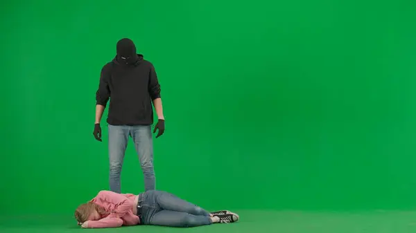 Robbery Crime Advertising Concept Thief Victim Chromakey Background Green Screen — Stock Photo, Image