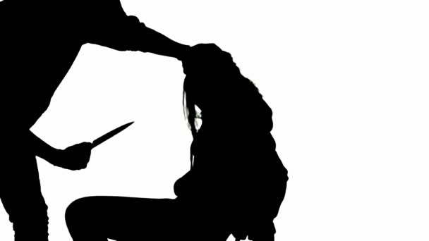 Чорні Силуети Злодія Жертви Білому Ізольованому Тлі Дівчина Сидить Стільці — стокове відео