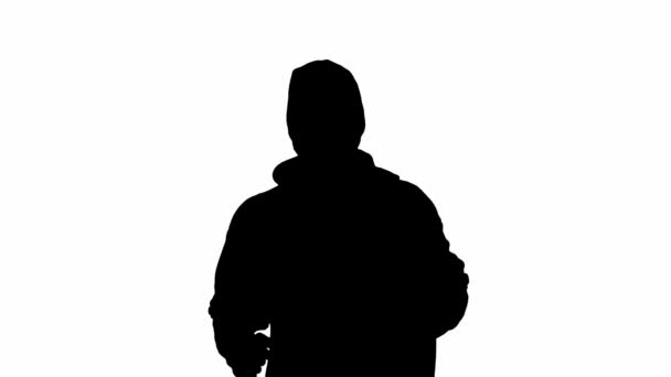 独立的白色背景上的小偷的黑色轮廓 穿着帽衫和巴拉克拉瓦跑步的男性抢劫犯 犯罪和偷窃的概念 — 图库视频影像