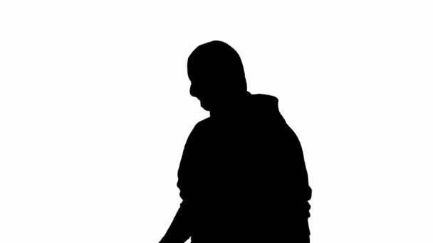 Μαύρη Σιλουέτα Κλέφτη Απομονωμένο Λευκό Φόντο Άντρας Ληστής Κουκούλα Και — Αρχείο Βίντεο