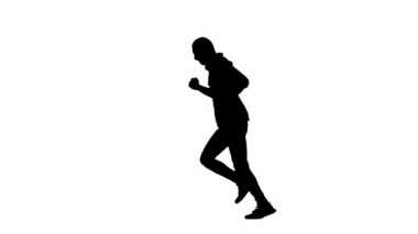 İzole edilmiş beyaz arka planda siyah bir hırsız silueti. Kapüşonlu ve kar maskeli bir erkek soyguncu kaçıyor. Suç ve hırsızlık kavramı. Yan görünüm