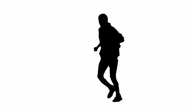 独立的白色背景上的小偷的黑色轮廓 穿着帽衫和巴拉克拉瓦的男性抢劫犯手里拿着一个包跑着 犯罪和偷窃的概念 转半圈 — 图库视频影像