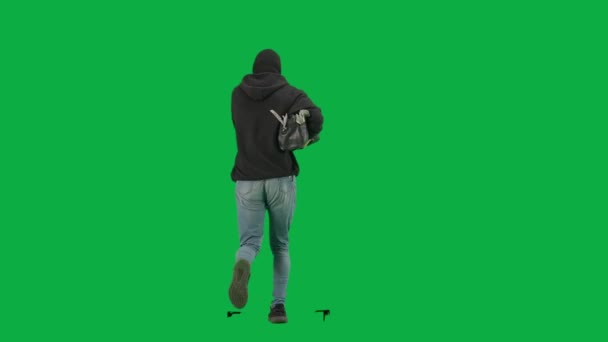 Soygun Ceza Konsepti Krom Anahtar Yeşil Ekrandaki Hırsızın Portresi Kapüşonlu — Stok video