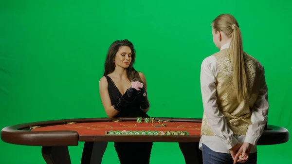 Casino Gambling Commercial Advertisement Concept Elegant Female Studio Chroma Key — Stock Photo, Image