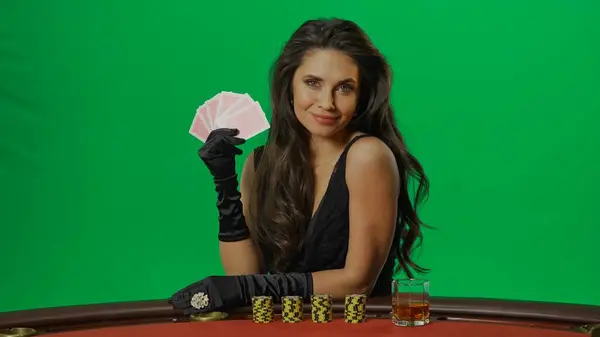 Casino Gambling Commercial Advertisement Concept Female Studio Chroma Key Green — Stock Photo, Image
