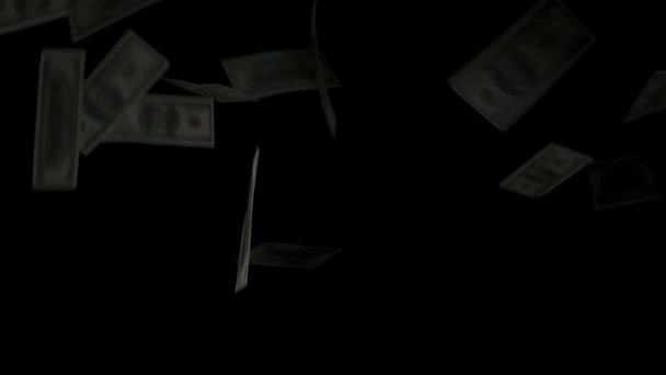 ビジネスとマネーのクリエイティブ広告コンセプト スタジオは 低光で黒い背景に隔離されたお金の請求書を撮影しました 多くのドル紙幣が倒れ 上から空中に浮かぶ お金のシャワー — ストック動画