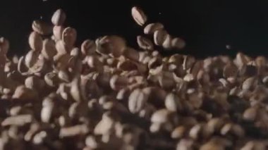 Kahverengi kahve çekirdekleri siyah arka planda sallanıyor ve havada uçuyor. Kızartma ya da soğutma kahve çekirdekleri. Kahve dükkanı veya restoran reklamı konsepti