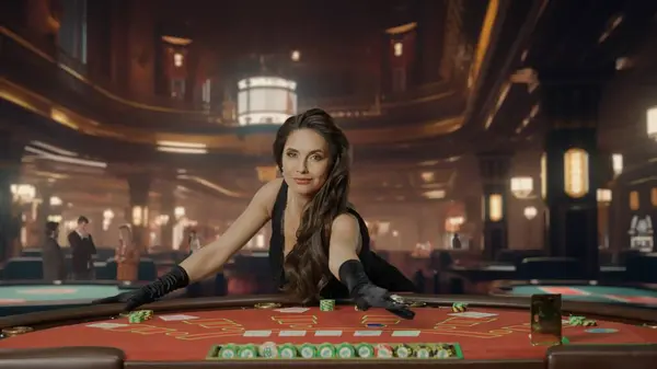 Atractiva Mujer Vestido Negro Mesa Póquer Para Juego Blackjack Casino — Foto de Stock