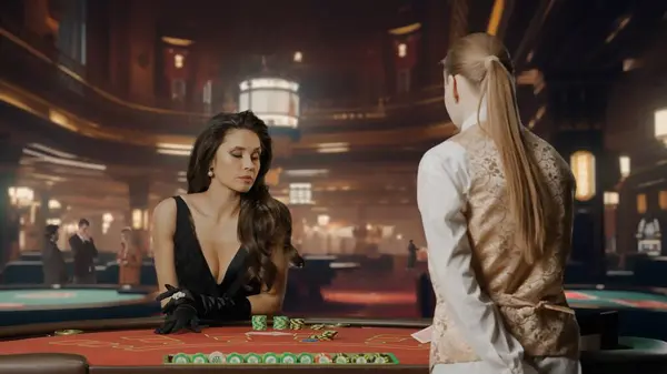 Attractive woman in black dress at poker table for blackjack game in casino. Woman waiting for croupier to deal cards for poker game. The concept of casino and gambling